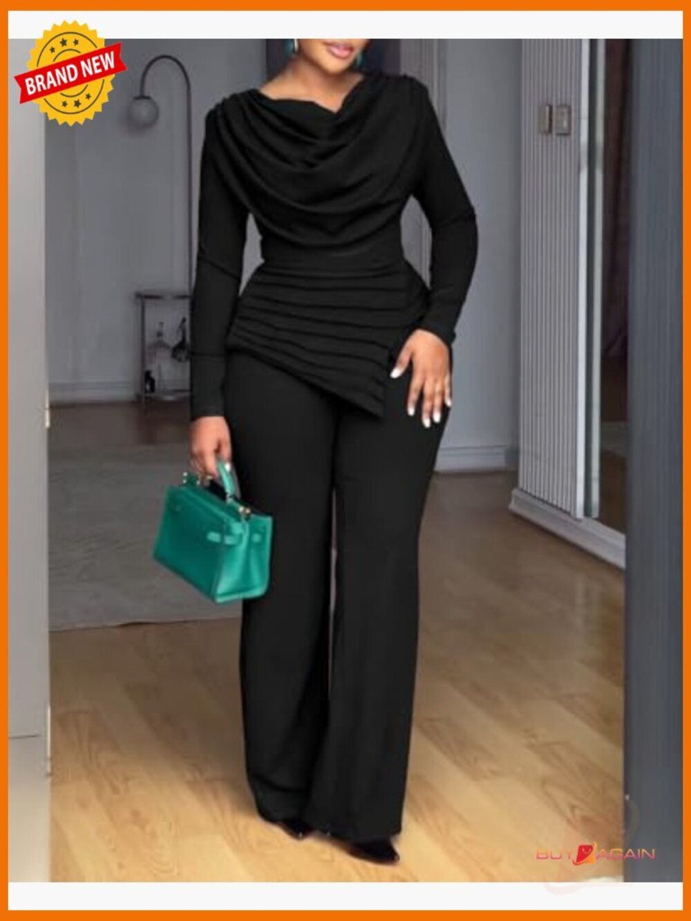 Women's Long Sleeve Jumpsuit Dressy Cowl Neck Asymmetrical Hem Back Zipper One - Picture 2 of 7